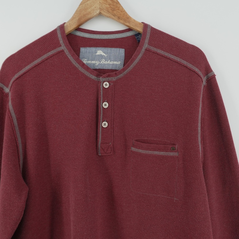 Tommy Bahama Henley Shirt Mens Large Burgundy Waffle Knit Pima Cotton L/S